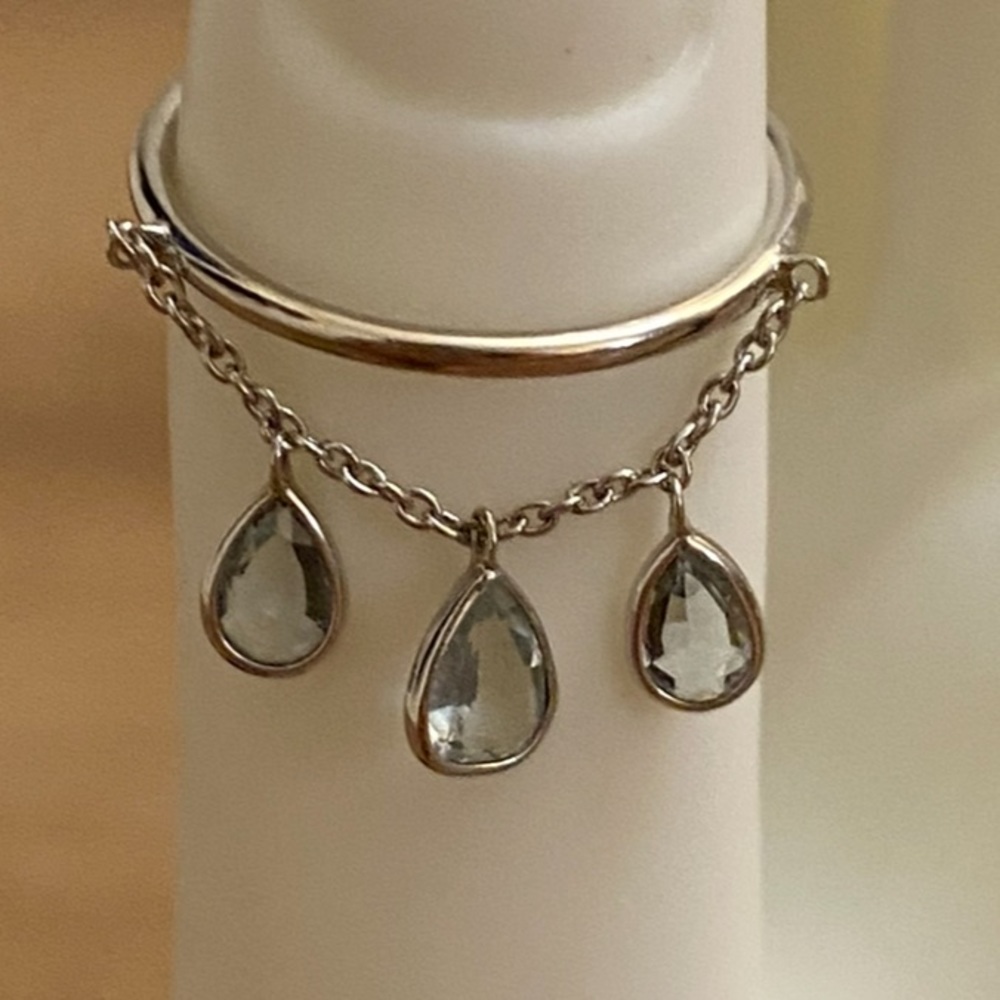 Pear Shaped Rose Cut Aquamarine 3 Stones Dangling Chain Ring 14K White Gold